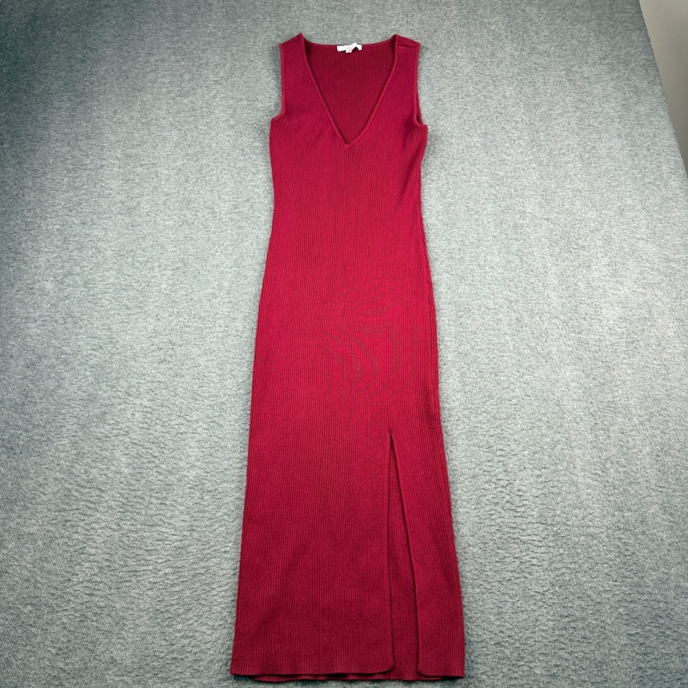 Bar III Women's S Burgundy Ribbed Knit Sleevelessβ V-Neck Maxi Dress Side Slit